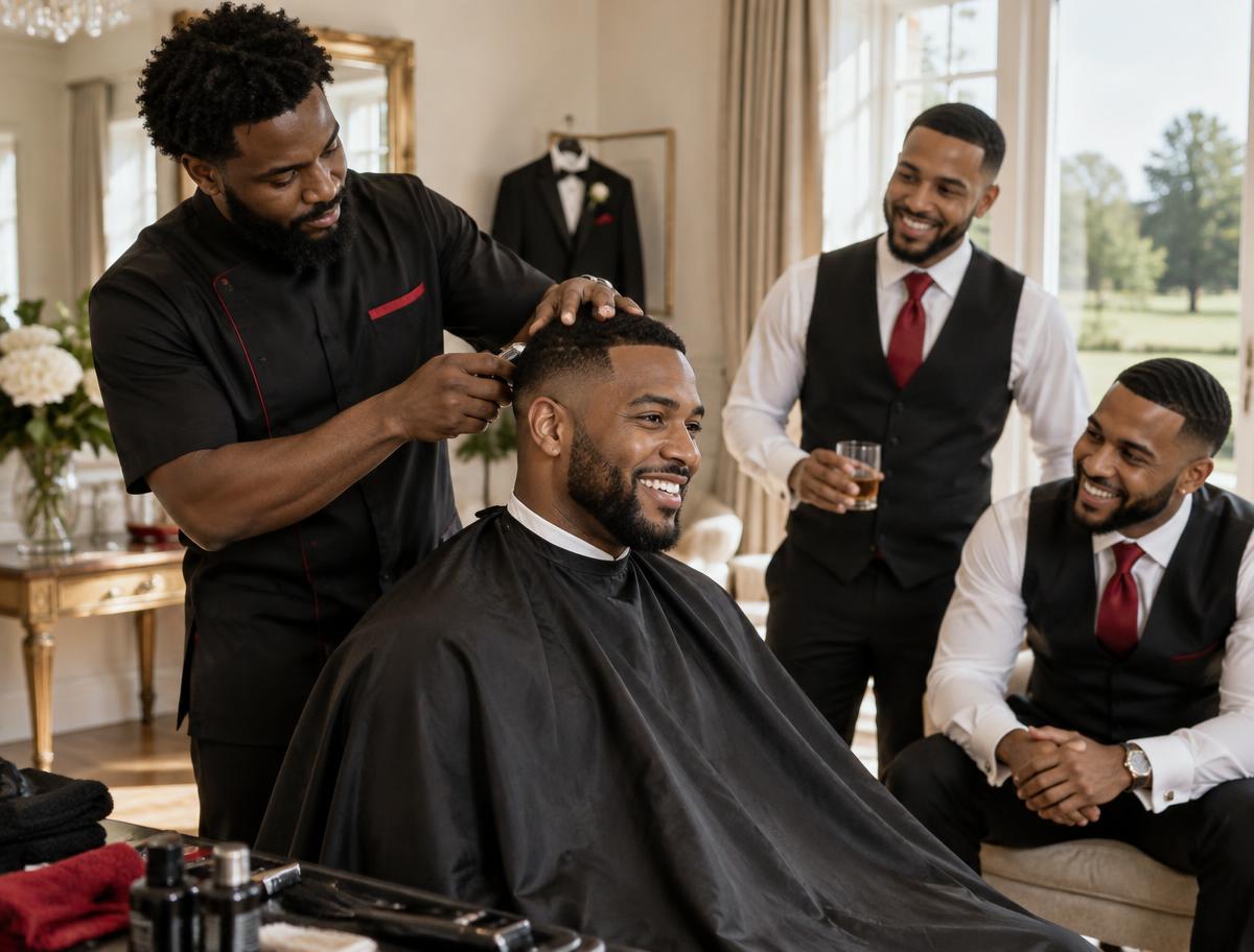 Groom and groomsmen enjoying a mobile barber session